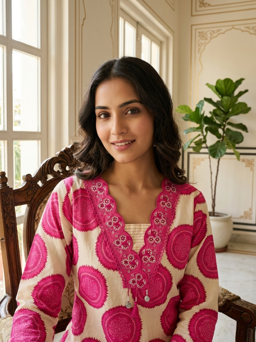 Women Off White Pink Mandala Block Print Cotton Kurta Pant Dupatta Set