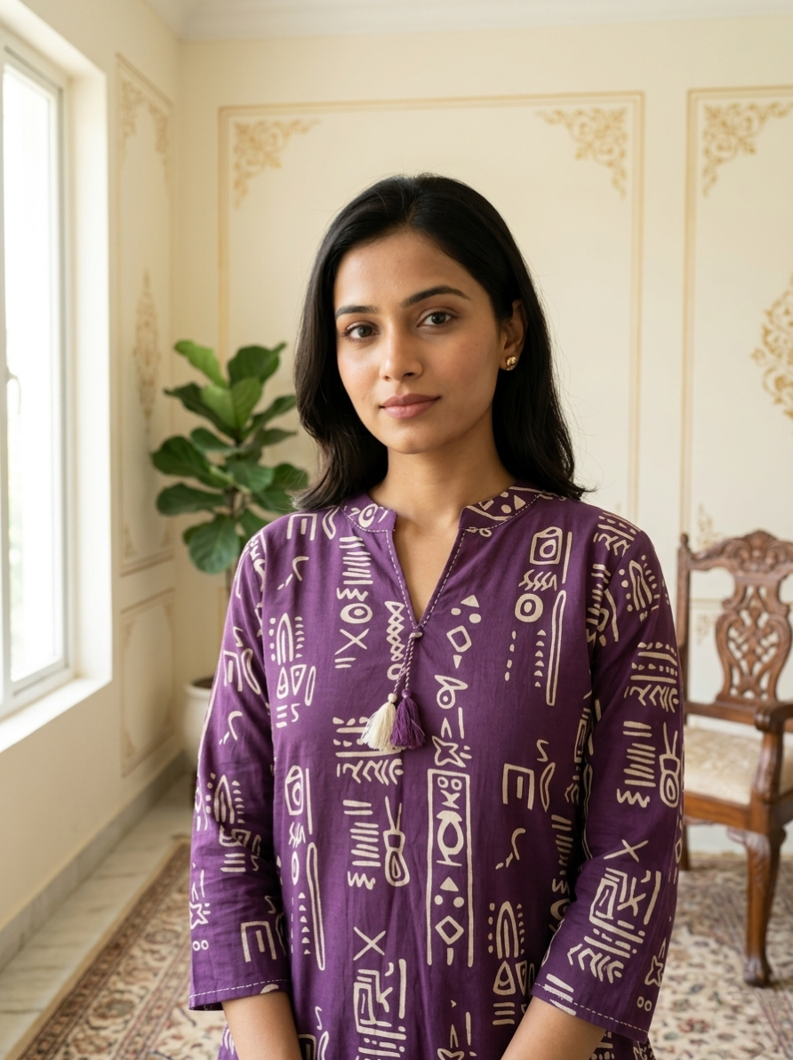 Women Purple Tribal Aztec Block Print Cotton Coord Set