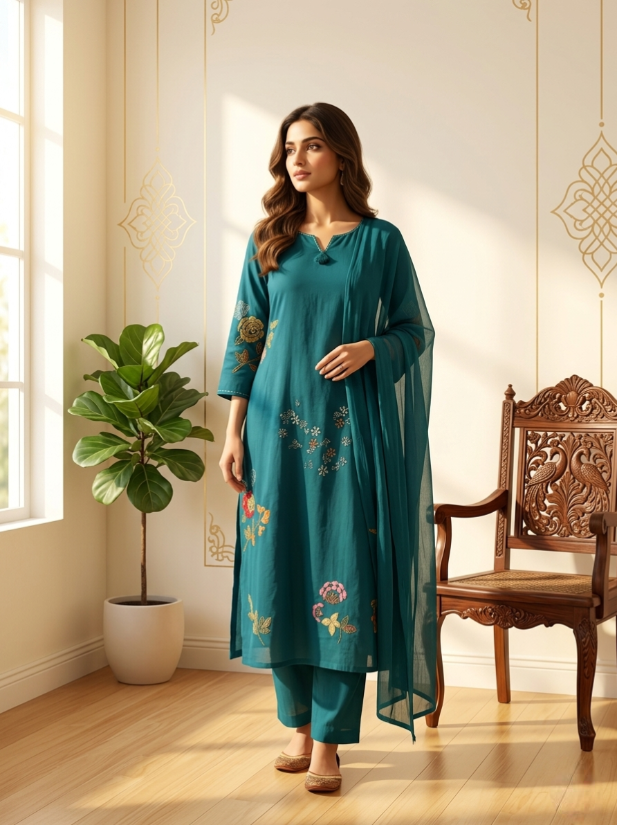 Women Teal Blue Scattered Floral Embroidery Cotton Kurta Pant Dupatta Set