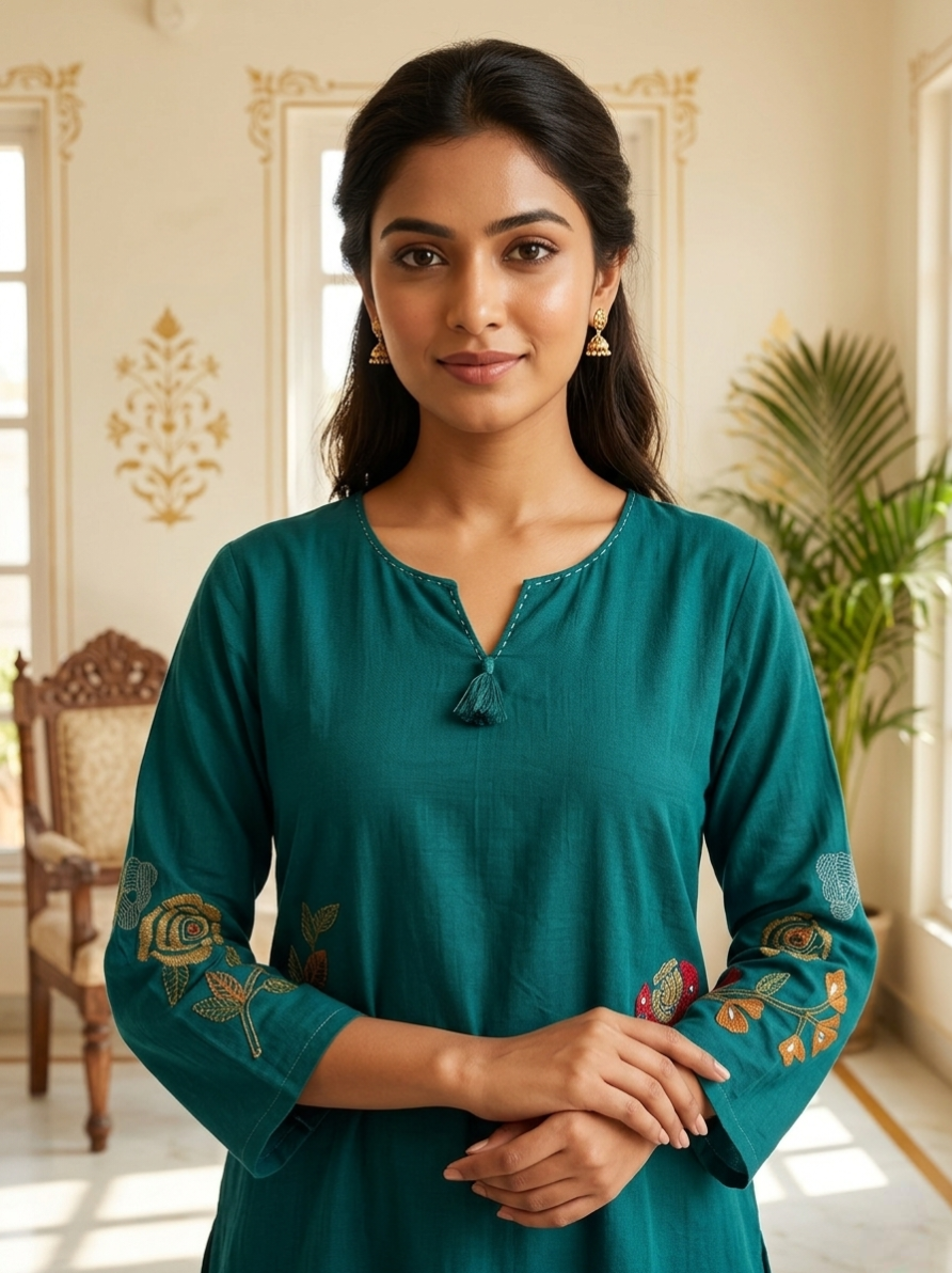 Women Teal Blue Scattered Floral Embroidery Cotton Kurta Pant Dupatta Set