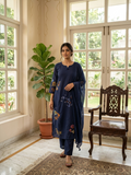 Women Navy Blue Scattered Floral Embroidery Cotton Kurta Pant Dupatta Set