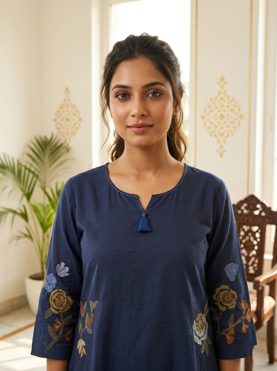 Women Navy Blue Scattered Floral Embroidery Cotton Kurta Pant Dupatta Set