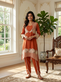 Women Orange Floral Embroidery Mirror Work Rayon Cotton Kurta Pant Set