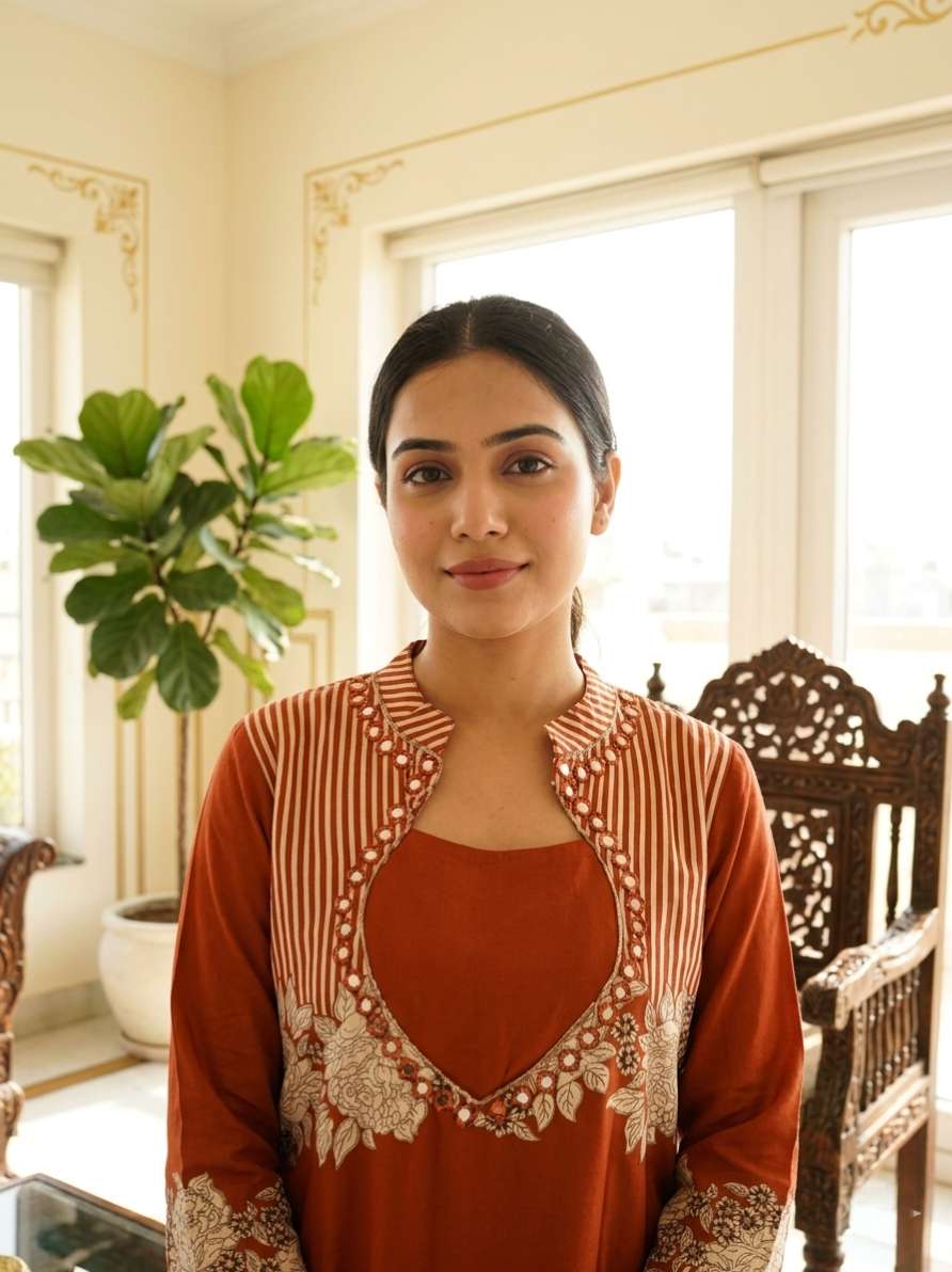 Women Orange Floral Embroidery Mirror Work Rayon Cotton Kurta Pant Set