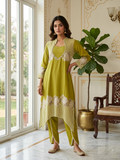 Women Mehendi Green Floral Embroidery Mirror Work Rayon Cotton Kurta Pant Set