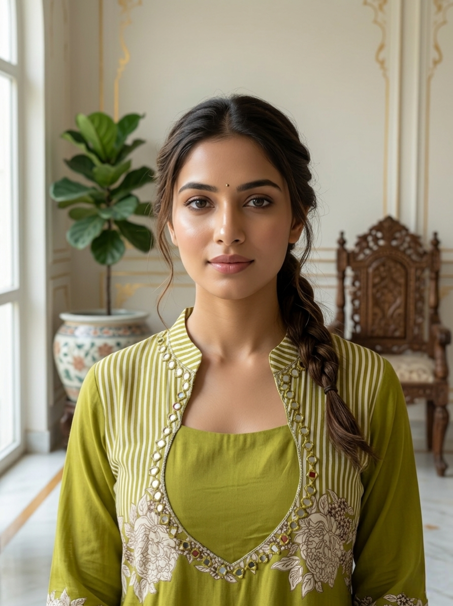 Women Mehendi Green Floral Embroidery Mirror Work Rayon Cotton Kurta Pant Set