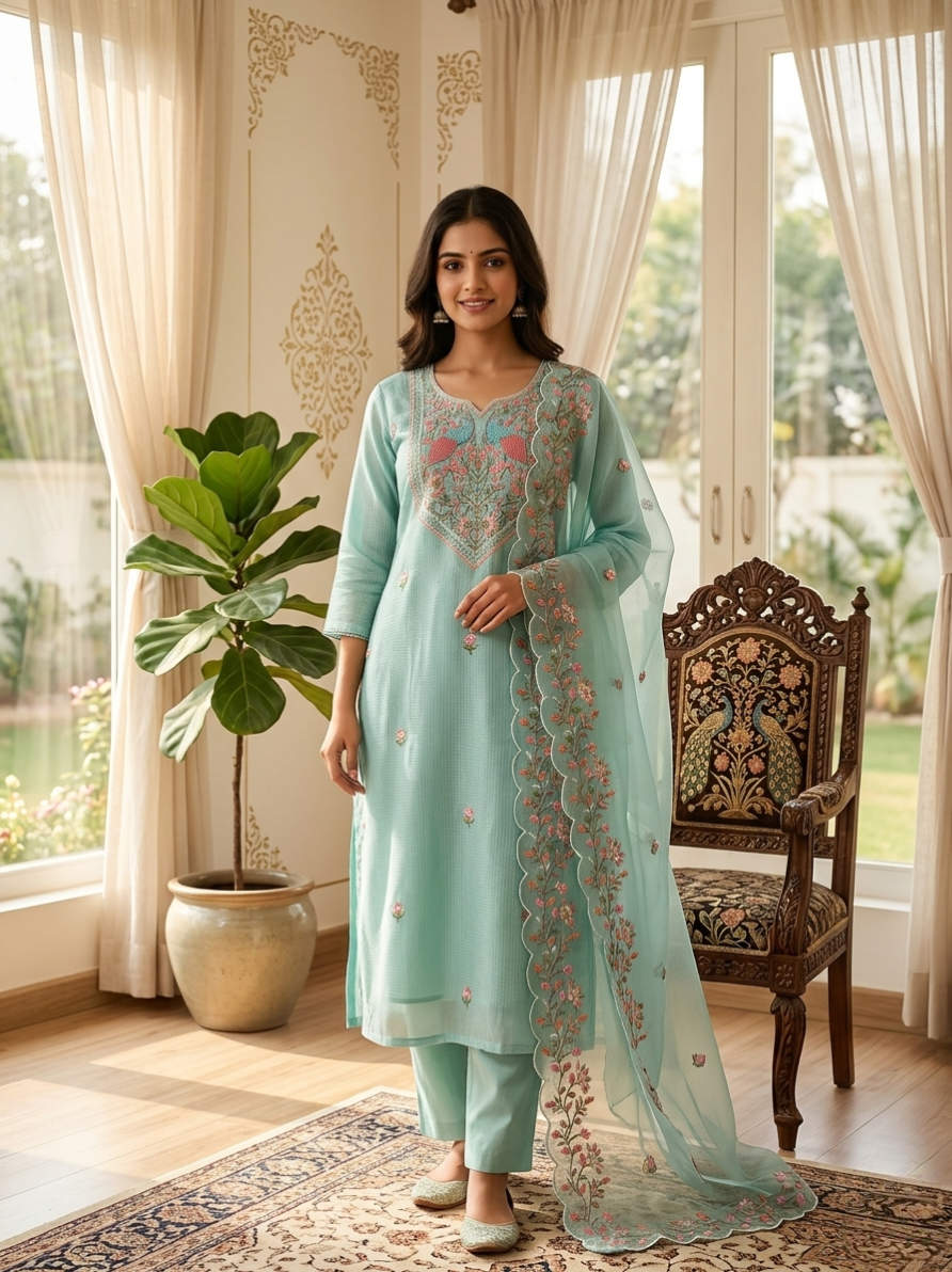 Women Sky Blue Peacock Floral Embroidery Cotton Linen Kurta Pant Dupatta Set