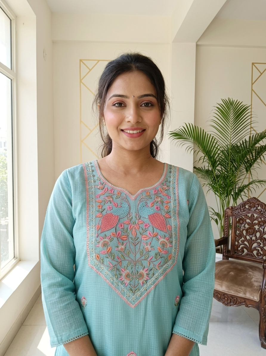 Women Sky Blue Peacock Floral Embroidery Cotton Linen Kurta Pant Dupatta Set