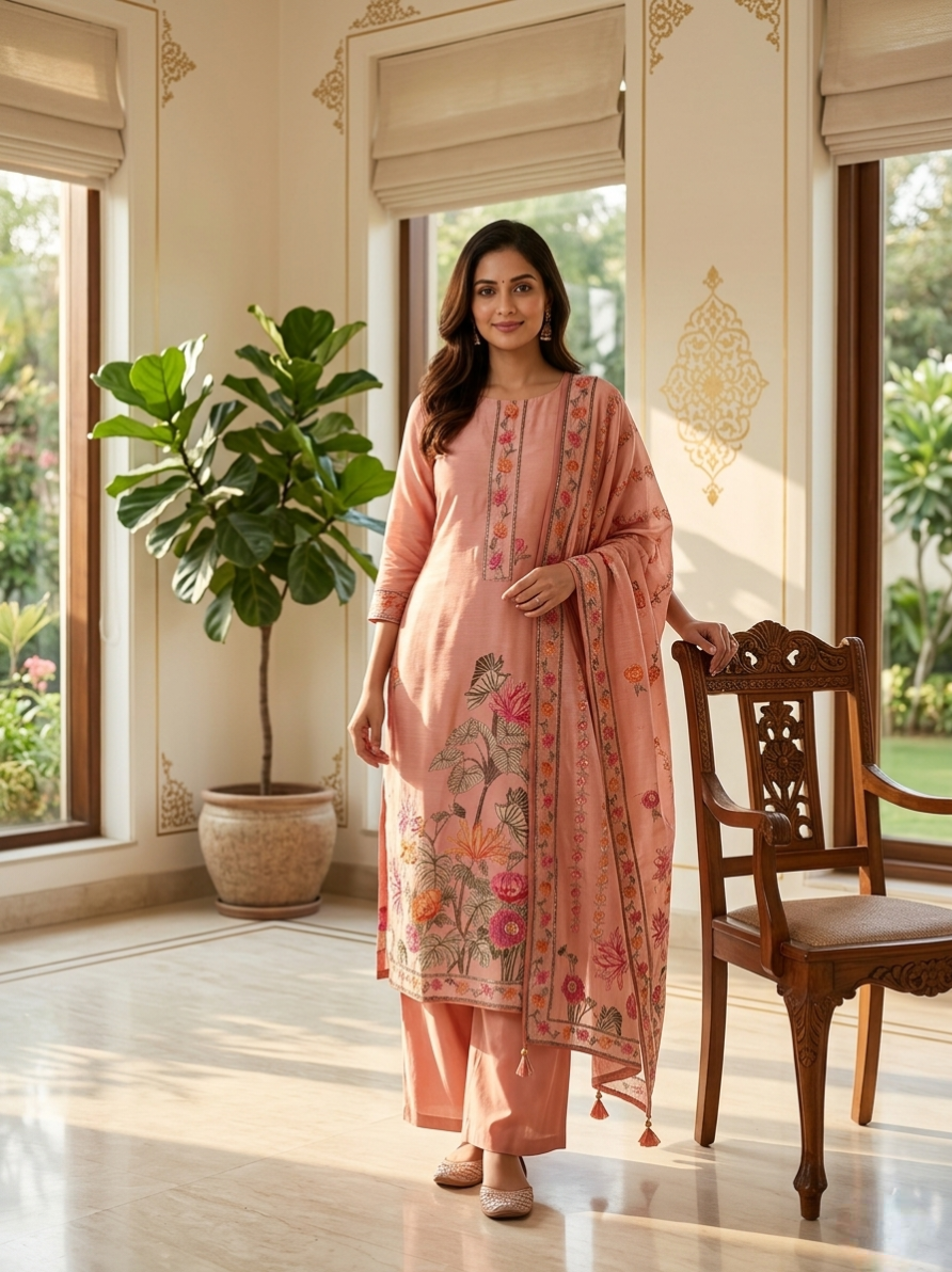 Women Peach Kantha Stitch Floral Embroidery Chanderi Silk Kurta Pant Dupatta Set