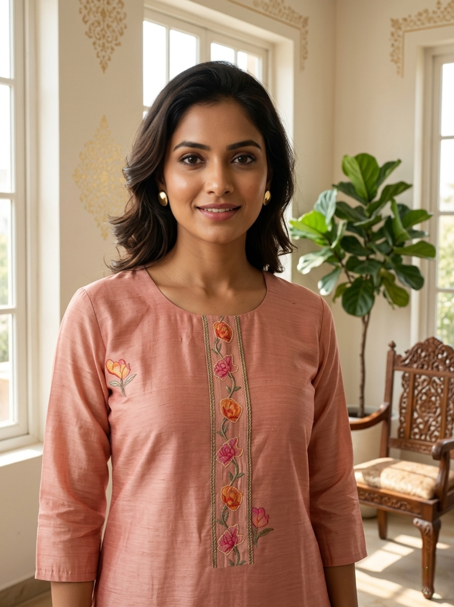 Women Peach Kantha Stitch Floral Embroidery Chanderi Silk Kurta Pant Dupatta Set