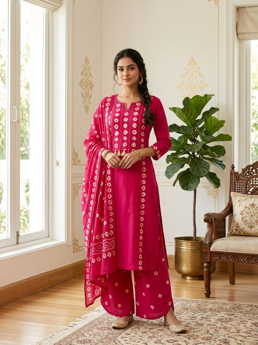Women Rani Pink Mirror Work Cotton Kurta Pant Dupatta Set