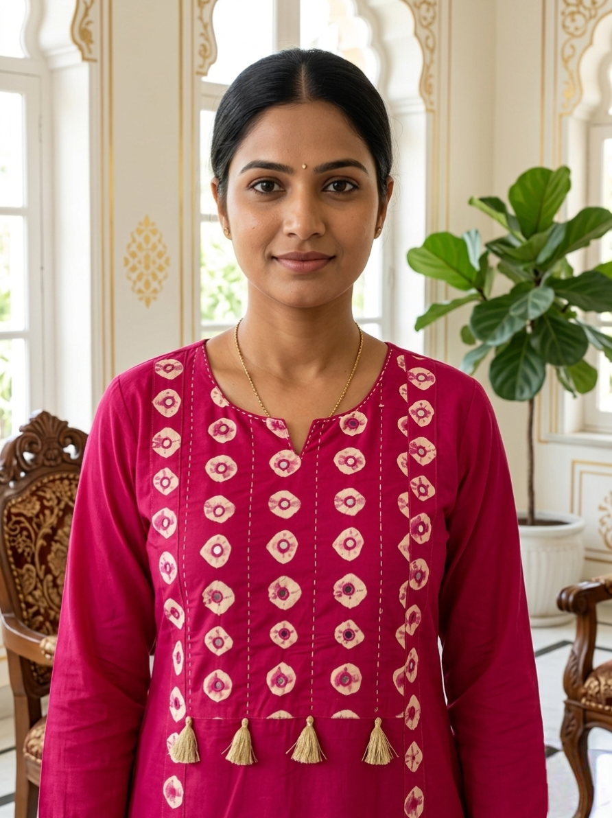 Women Rani Pink Mirror Work Cotton Kurta Pant Dupatta Set