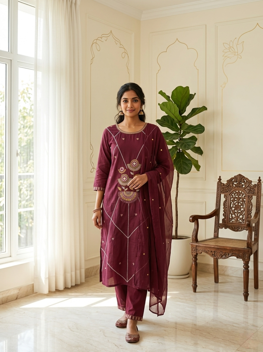 Women Wine Diamond Pattern Mirror Work Cotton Kurta Pant Dupatta Set