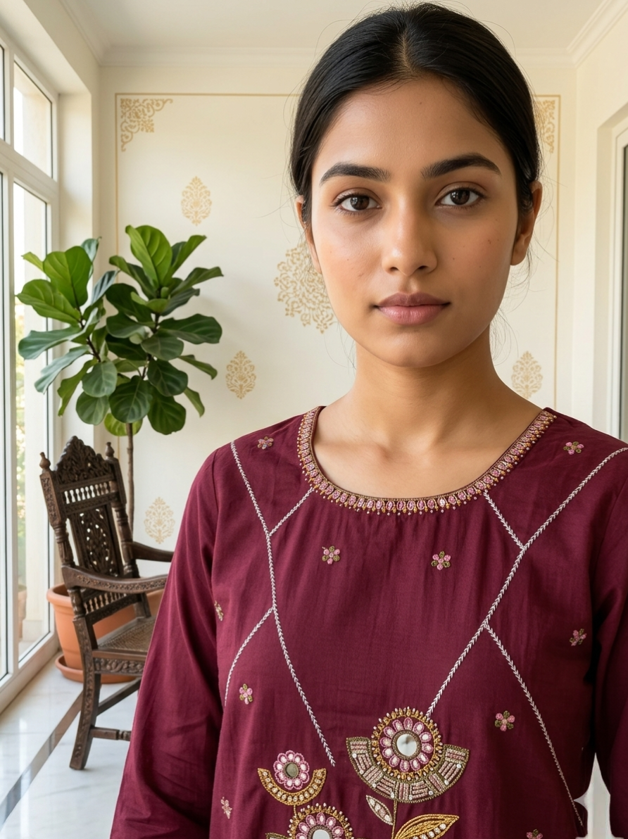 Women Wine Diamond Pattern Mirror Work Cotton Kurta Pant Dupatta Set