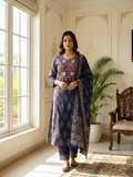 Women Navy Blue Ajrakh Block Print Kutchi Embroidery Cotton Kurta Pant Dupatta Set