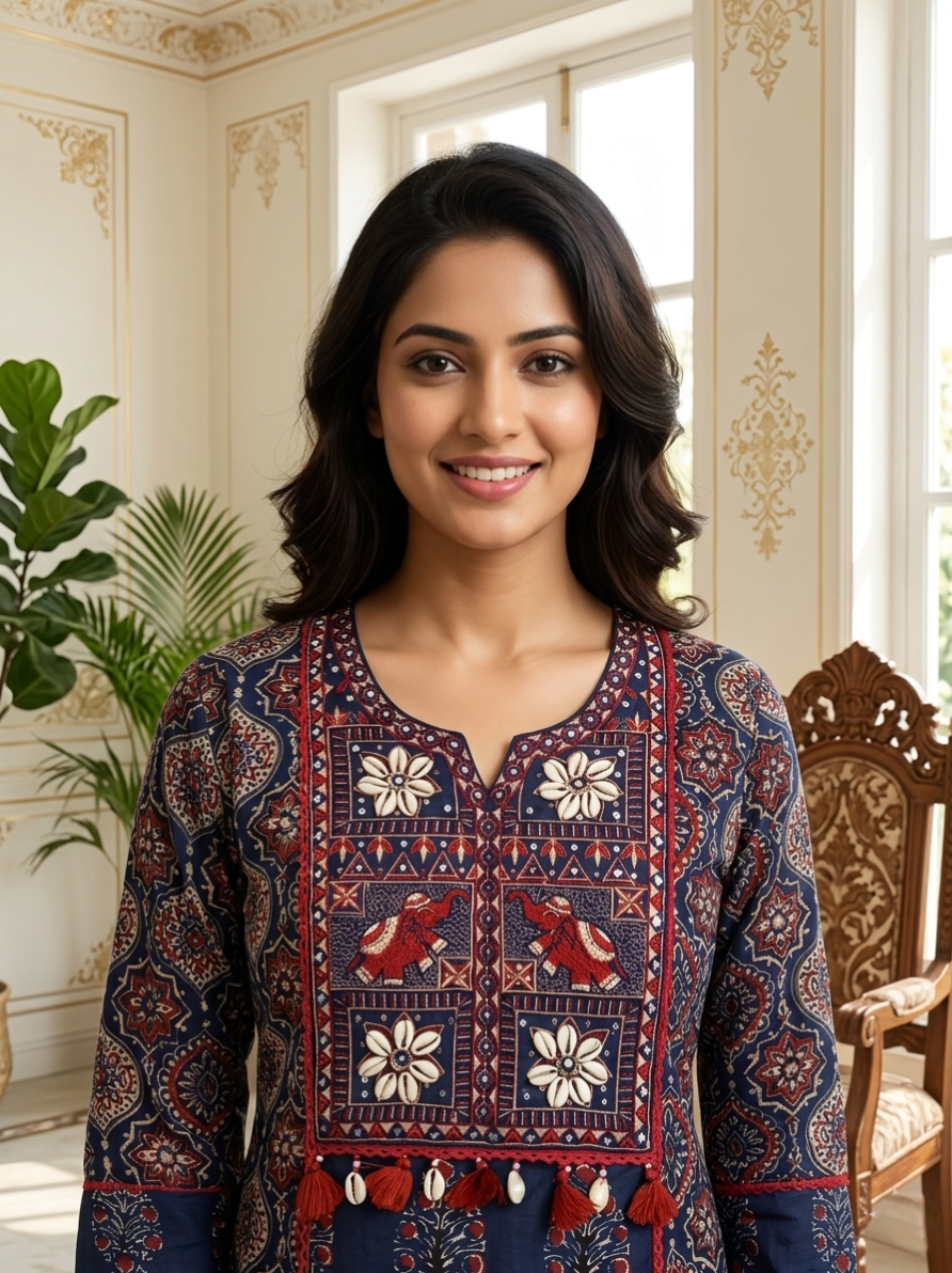 Women Navy Blue Ajrakh Block Print Kutchi Embroidery Cotton Kurta Pant Dupatta Set