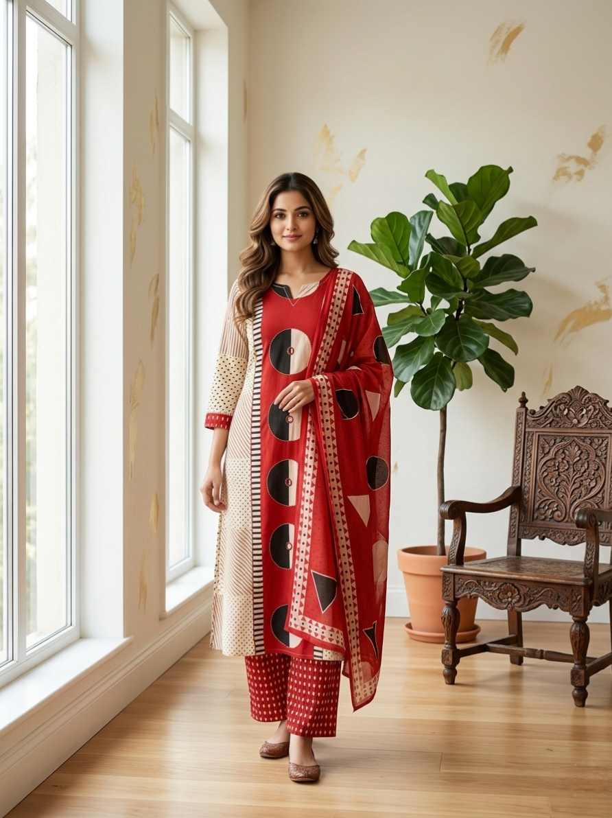 Women Beige Thread Work Cotton Kurta Pant Dupatta Set