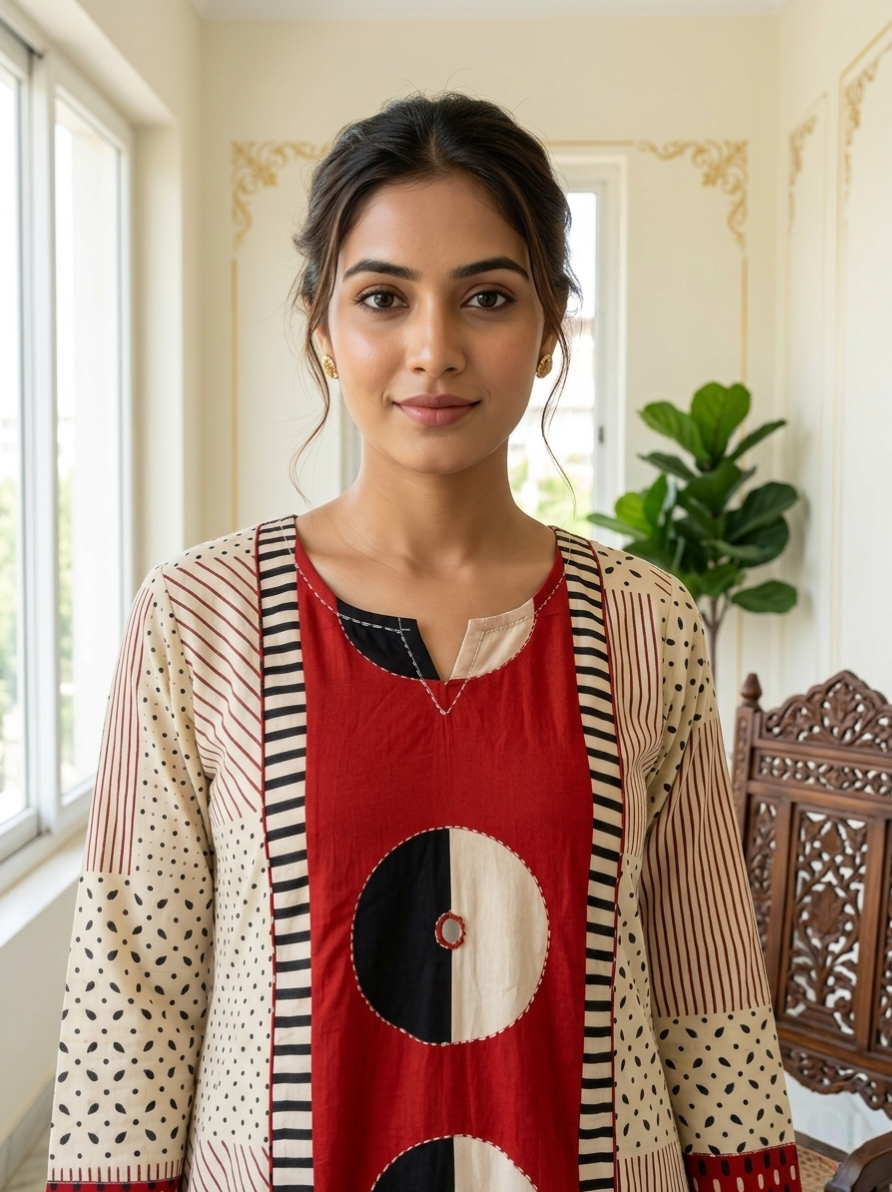 Women Beige Thread Work Cotton Kurta Pant Dupatta Set