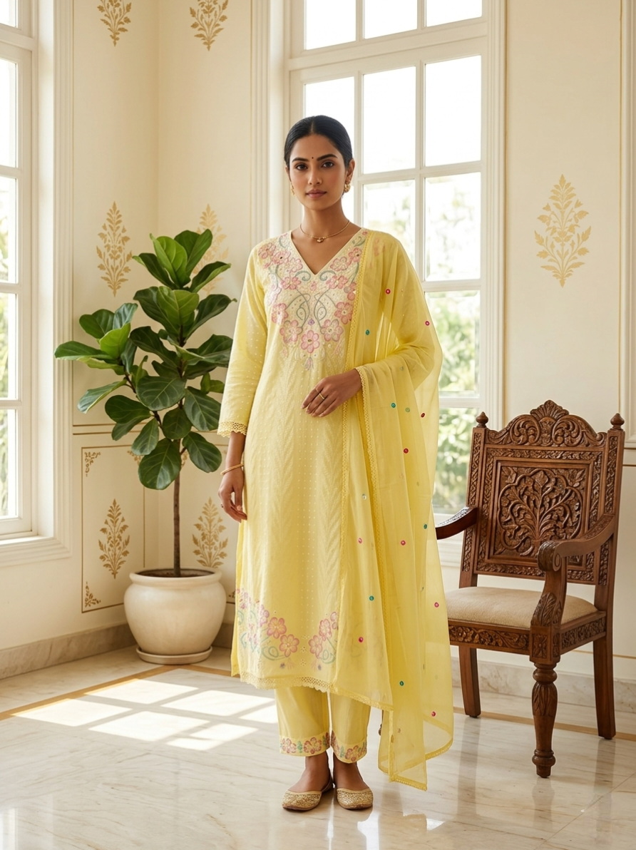 Women Lemon Yellow Pastel Floral Embroidery Mul Cotton Kurta Pant Dupatta Set