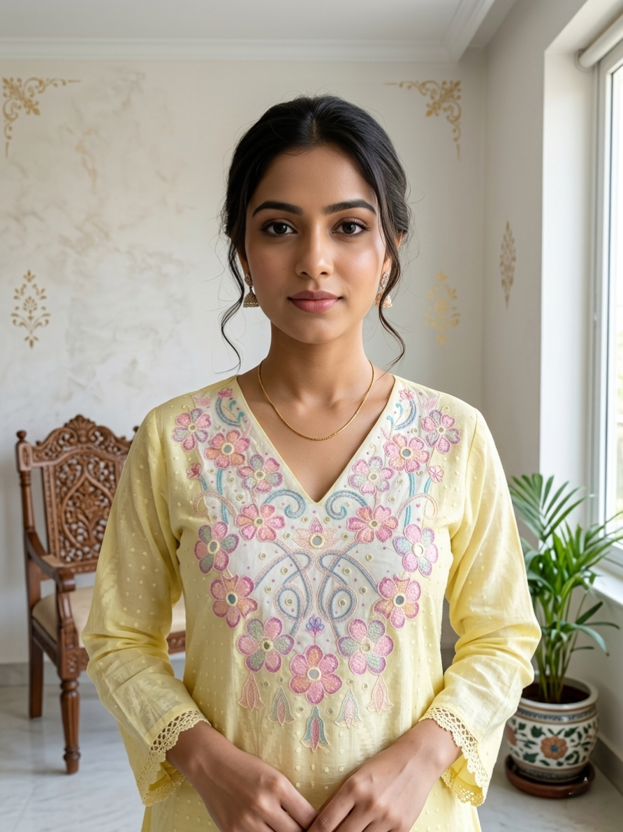 Women Lemon Yellow Pastel Floral Embroidery Mul Cotton Kurta Pant Dupatta Set