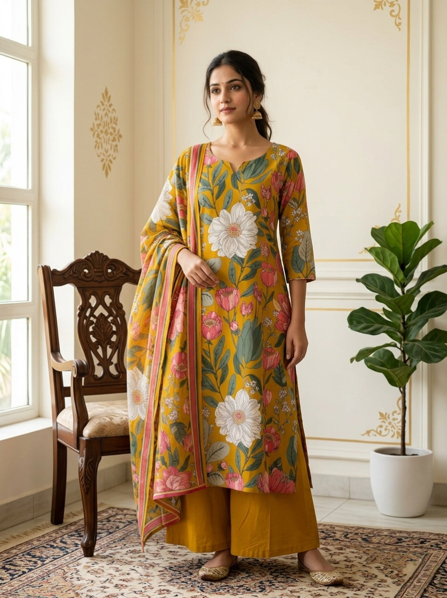 Women Mustard Yellow Floral Print Cotton Kurta Palazzo Dupatta Set