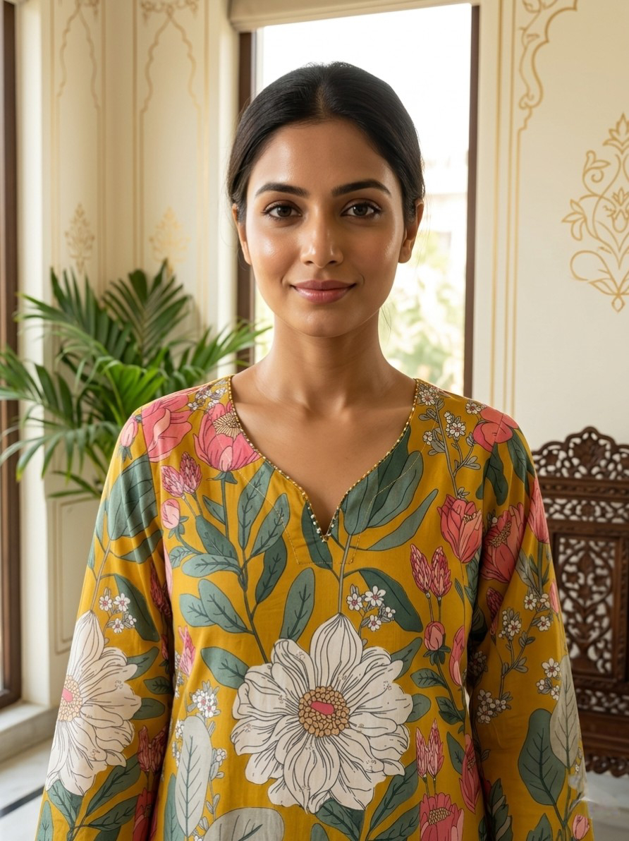 Women Mustard Yellow Floral Print Cotton Kurta Palazzo Dupatta Set