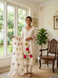 Women Beige Floral Embroidery Cotton Kurta Pant Dupatta Set