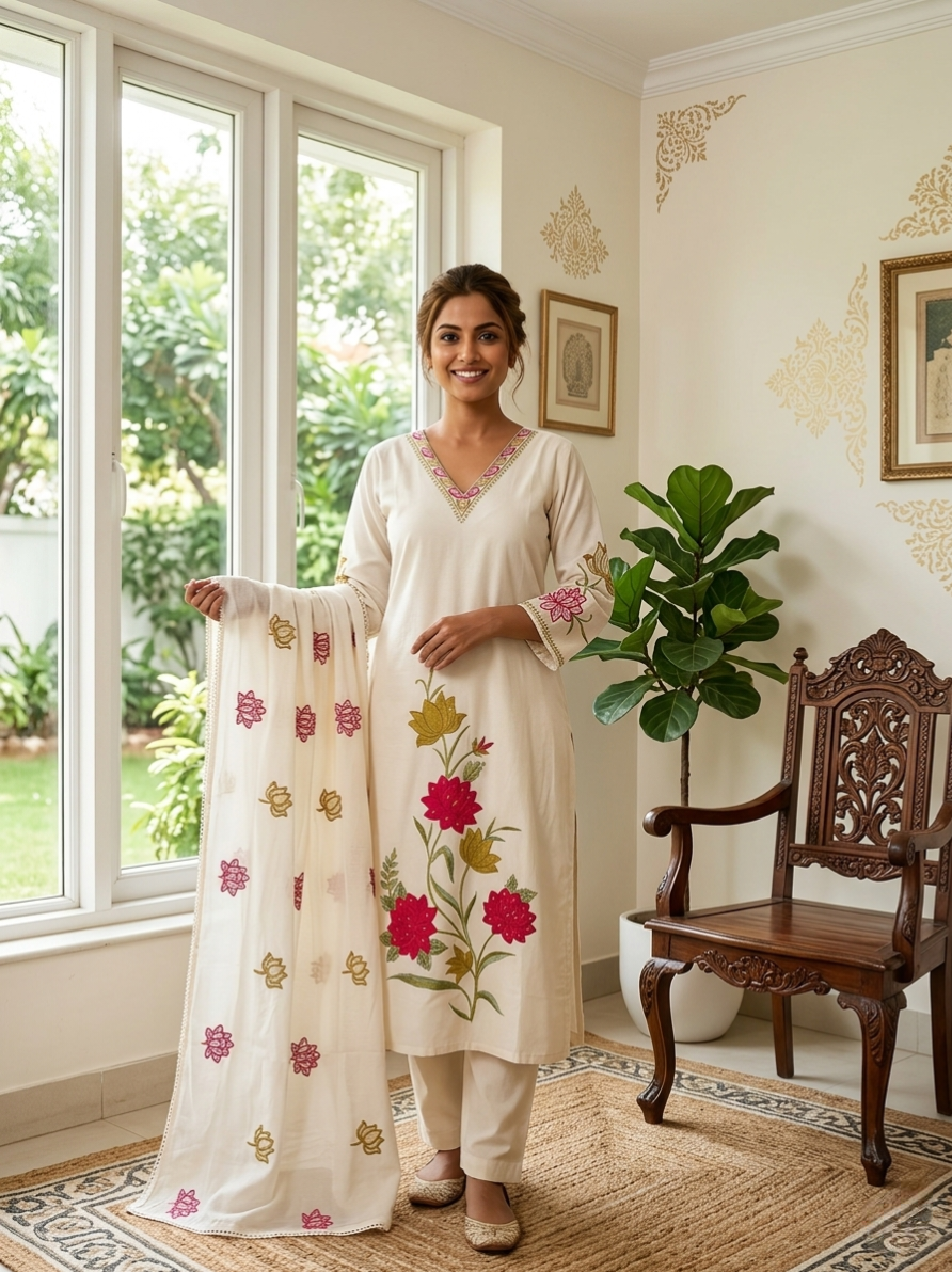 Women Beige Floral Embroidery Cotton Kurta Pant Dupatta Set