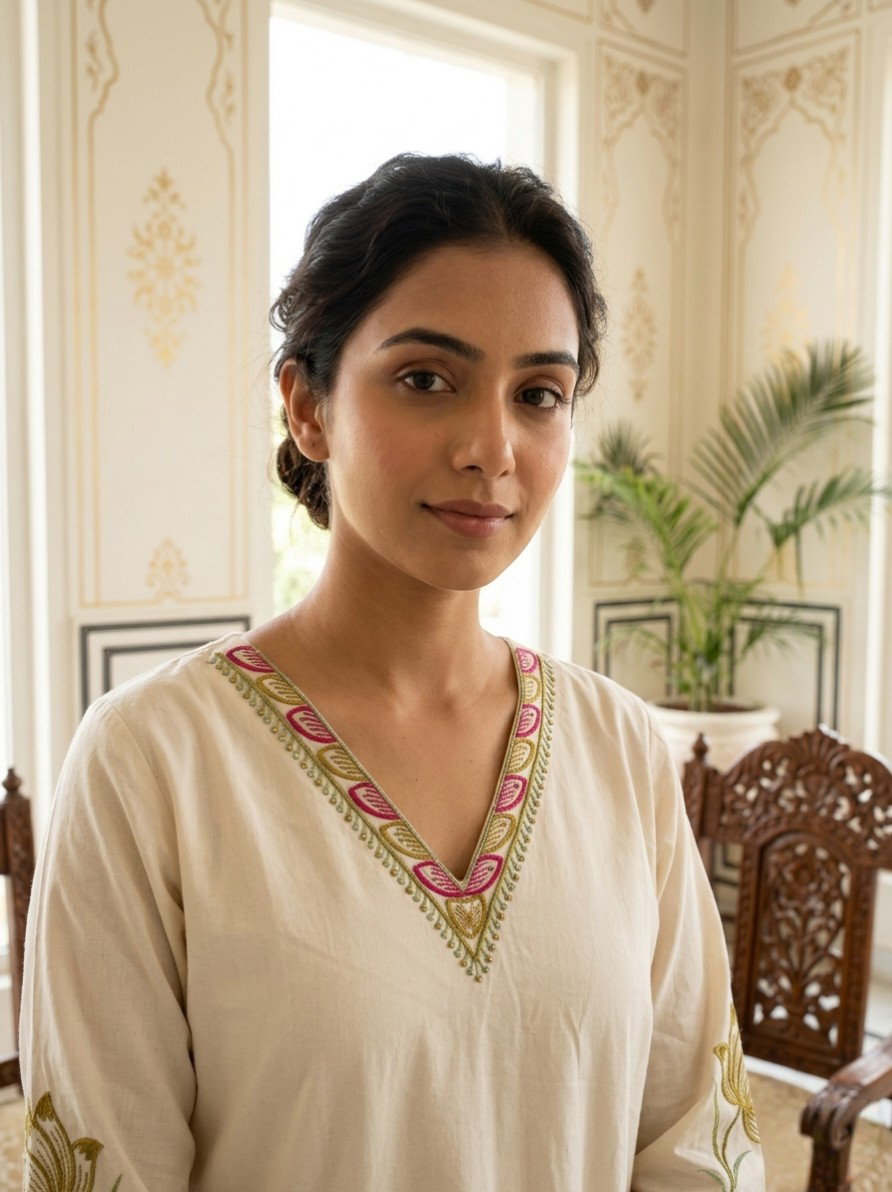 Women Beige Floral Embroidery Cotton Kurta Pant Dupatta Set