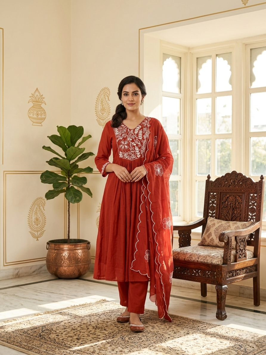 Women Rust Chikankari Thread Embroidery Cotton Silk Anarkali Kurta Pant Dupatta Set