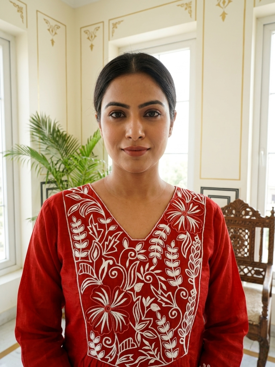 Women Rust Chikankari Thread Embroidery Cotton Silk Anarkali Kurta Pant Dupatta Set