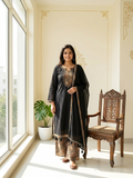 Women Black Kalamkari Patch Zari Embroidery Cotton Kurta Palazzo Dupatta Set