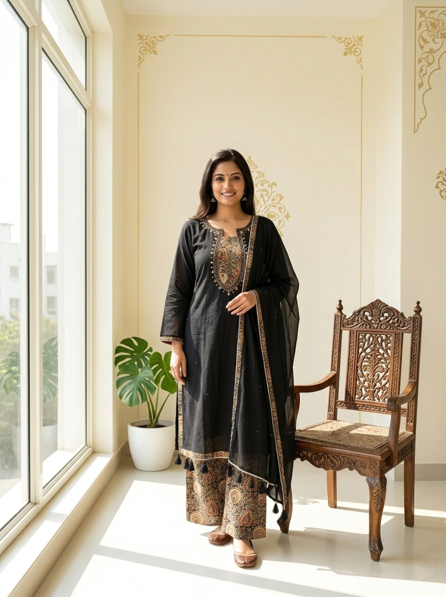 Women Black Kalamkari Patch Zari Embroidery Cotton Kurta Palazzo Dupatta Set
