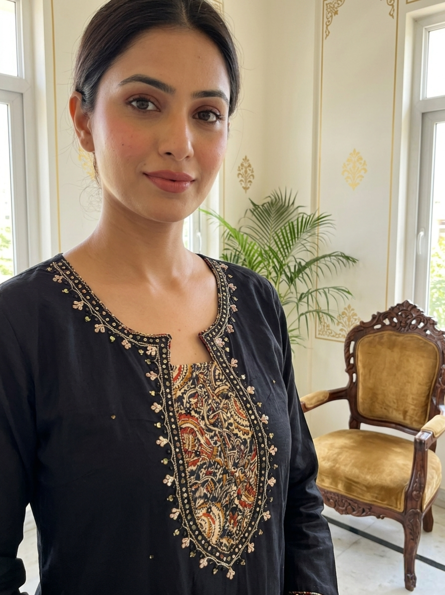 Women Black Kalamkari Patch Zari Embroidery Cotton Kurta Palazzo Dupatta Set