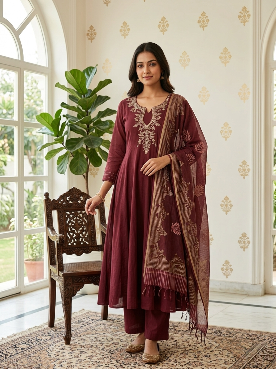 Women Maroon Zari Bead Embroidery Mul Cotton Anarkali Kurta Pant Dupatta Set