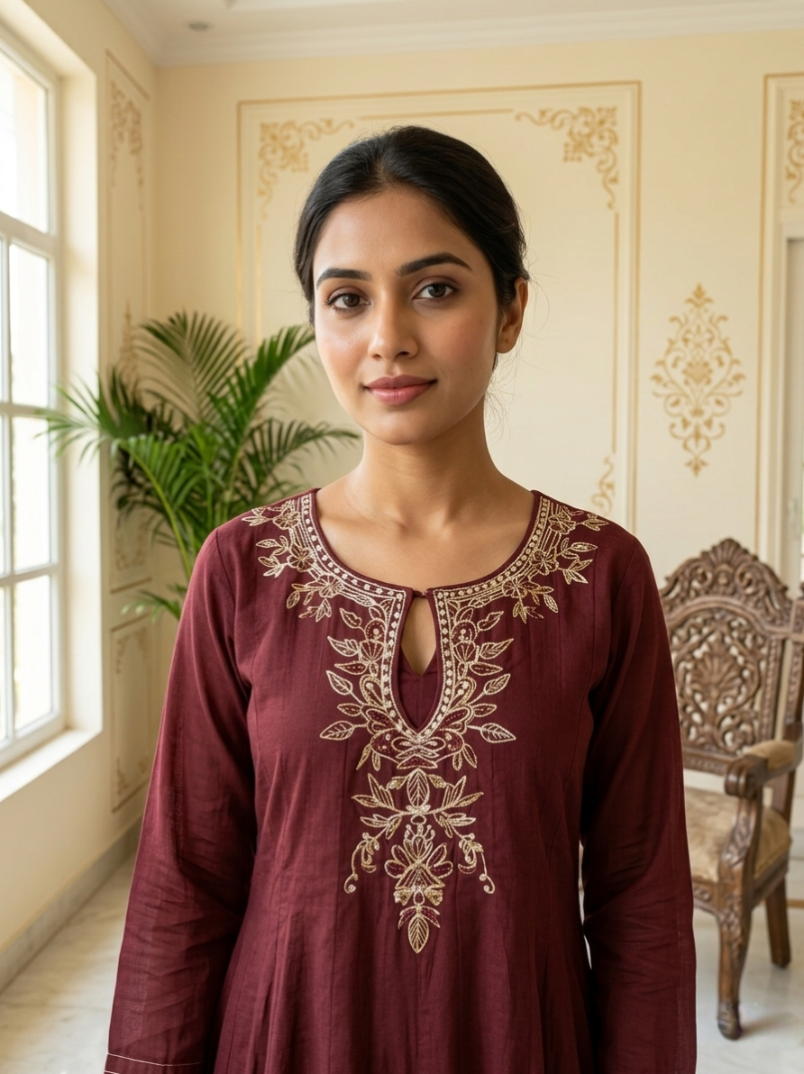 Women Maroon Zari Bead Embroidery Mul Cotton Anarkali Kurta Pant Dupatta Set