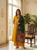 Women Mustard Yellow Mirror Work Ajrakh Border Cotton Kurta Pant Dupatta Set
