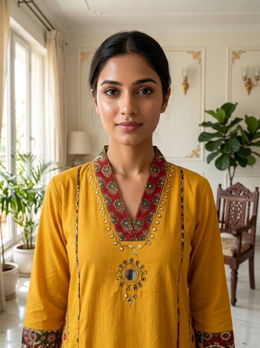 Women Mustard Yellow Mirror Work Ajrakh Border Cotton Kurta Pant Dupatta Set