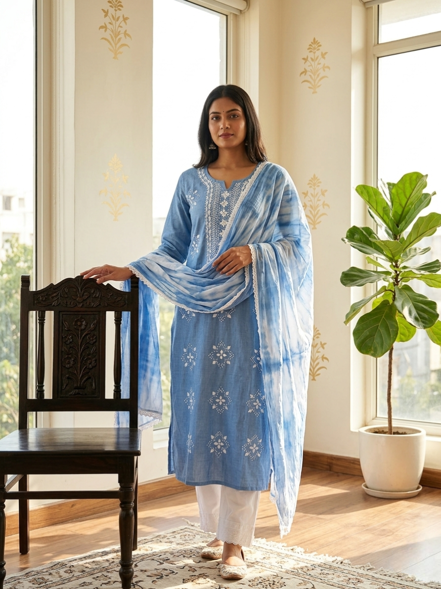 Women Sky Blue Chikankari Thread Embroidery Cotton Kurta Pant Dupatta Set
