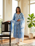 Women Sky Blue Chikankari Thread Embroidery Cotton Kurta Pant Dupatta Set