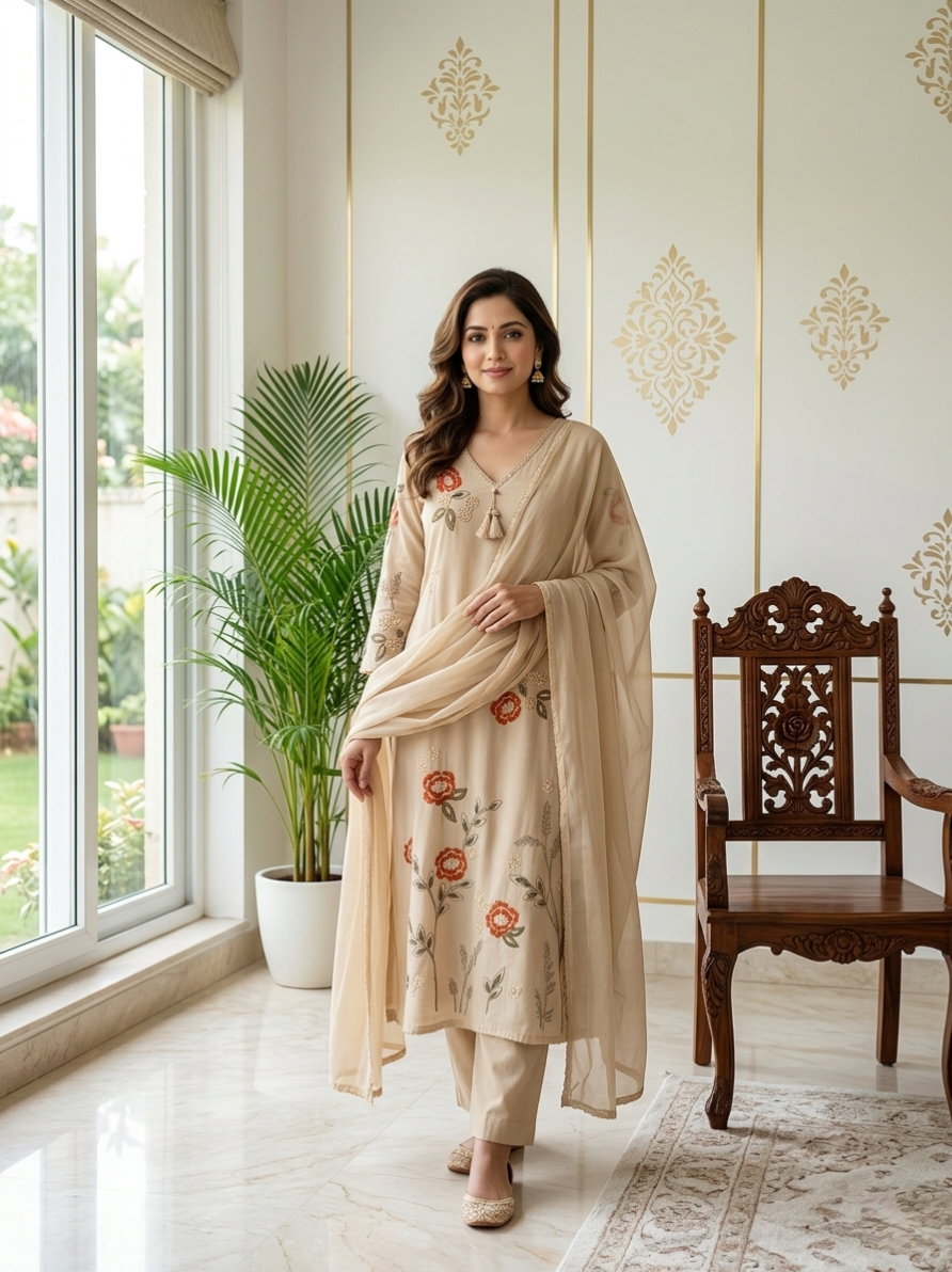 Women Light Brown Floral Embroidery Mul Cotton Kurta Pant Dupatta Set