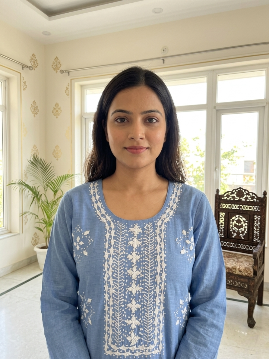 Women Sky Blue Chikankari Thread Embroidery Cotton Kurta Pant Dupatta Set