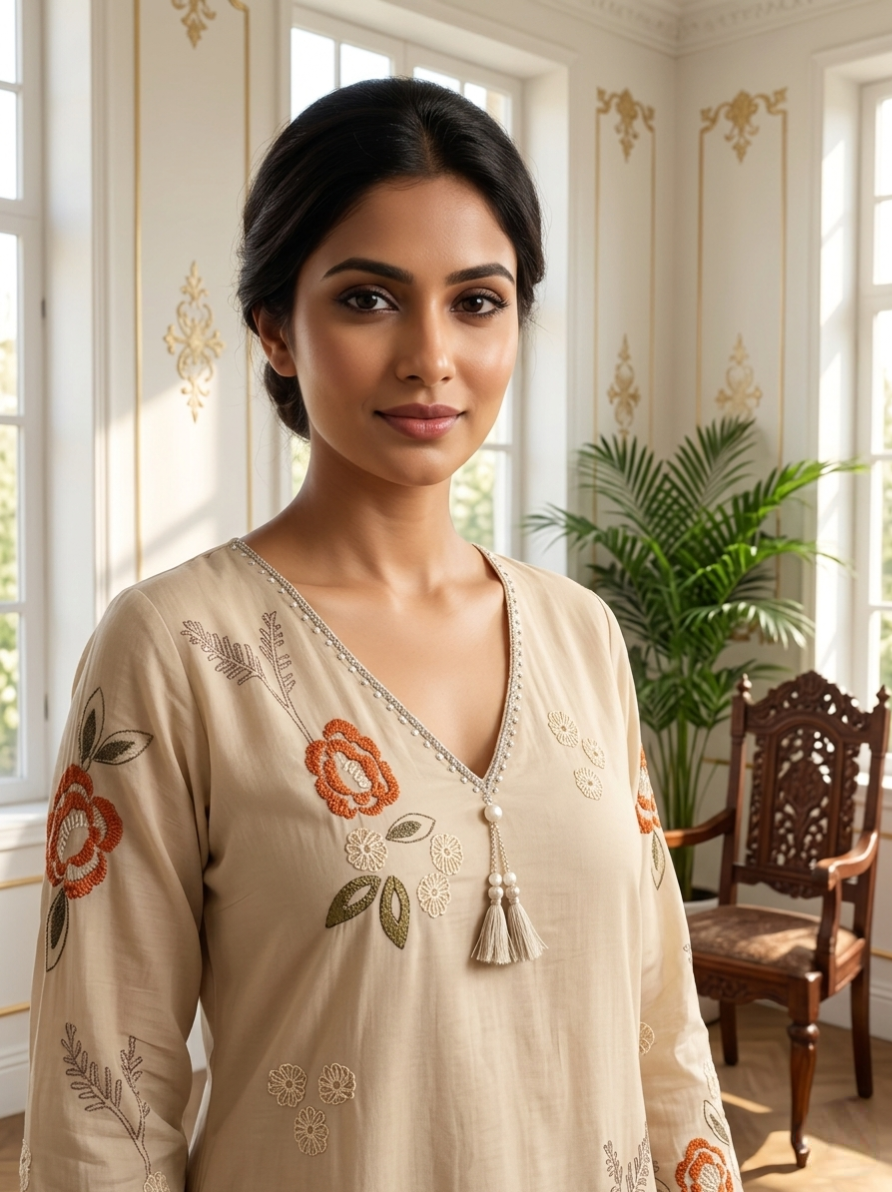 Women Light Brown Floral Embroidery Mul Cotton Kurta Pant Dupatta Set