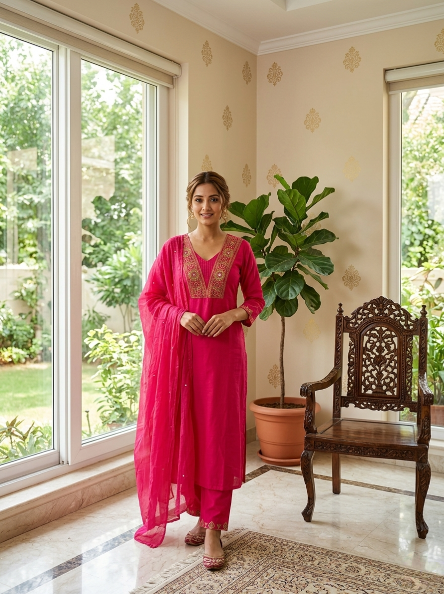 Women Rani Pink Mirror Work Thread Embroidery Cotton Kurta Pant Dupatta Set