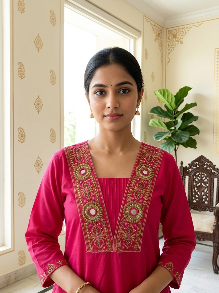Women Rani Pink Mirror Work Thread Embroidery Cotton Kurta Pant Dupatta Set