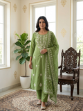 Women Olive Green Chikankari Thread Embroidery Cotton Kurta Pant Dupatta Set