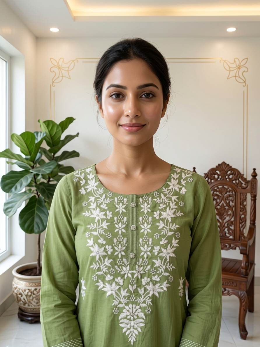 Women Olive Green Chikankari Thread Embroidery Cotton Kurta Pant Dupatta Set