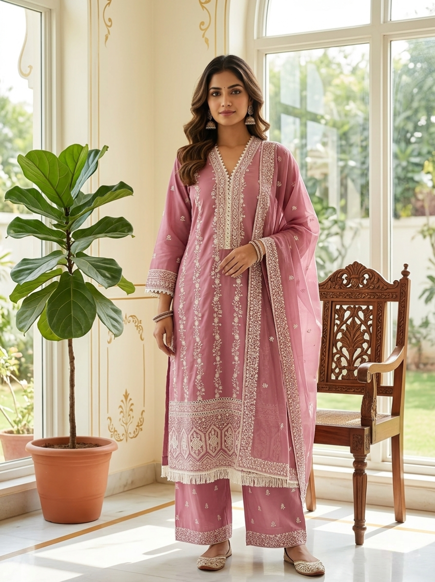 Women Pink Floral Thread Embroidery Mul Cotton Kurta Palazzo Dupatta Set