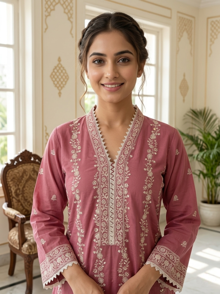 Women Pink Floral Thread Embroidery Mul Cotton Kurta Palazzo Dupatta Set