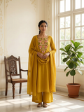 Women Mustard Yellow Floral Embroidery Cotton Kurta Palazzo Dupatta Set